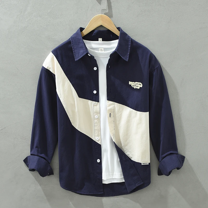 Casual Shirt Men\'s Fashion Slim Youth Breathable Match Color Pure Cotton British Style Outdoor Casual Long Sleeve Cotton Shirt