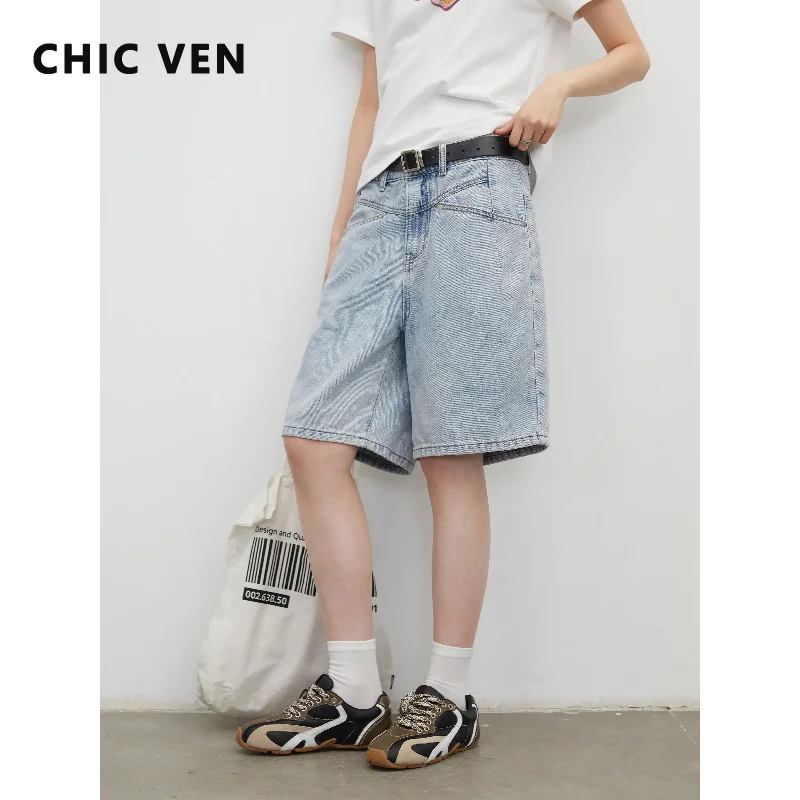 CHIC VEN Pantalones Cortos Coreanos para Mujer, Azules, de Longitud Media, con Nuevo Diseño de Línea Divisoria, Vaqueros Cortos Retro de Algodón de Pierna Recta para Mujer, Verano 2026