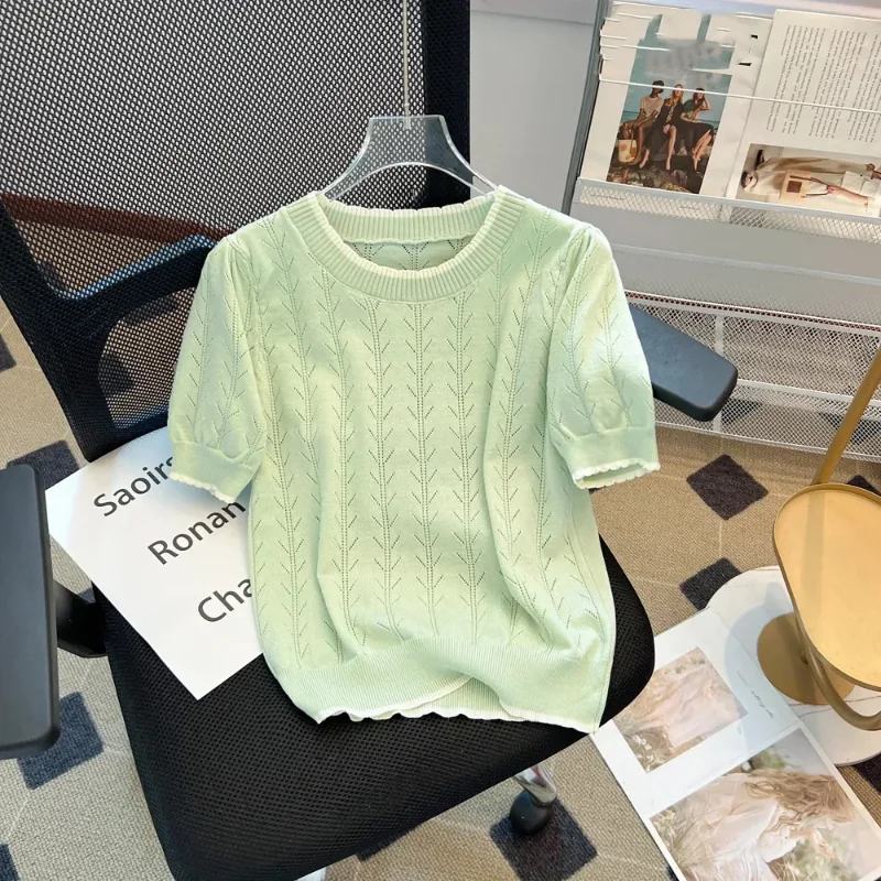 

New All Match Korean All Match Contrasting Ice Silk Women's Summer Sweet and Chic Hollow Out T-shirt Casual Fashion Top