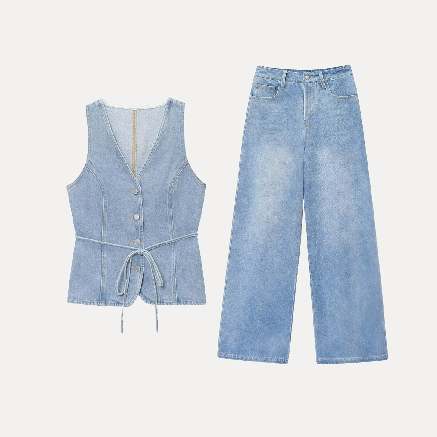 

V-Ne Svel Джинсовый жилет с застежкой на талии Широкие джинсовые брюки Женский модный комплект Лето 2025 Новое поступление от Z