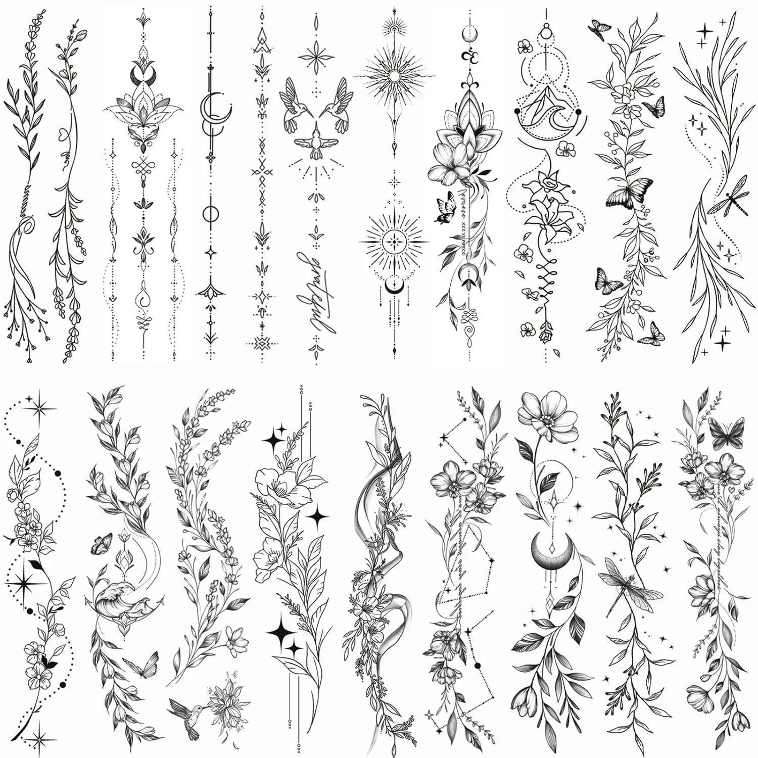 Temporary Tattoos For Women Girls-24 Sheets Branch Flower Leaf Wild Plants Sketch Realistic Long