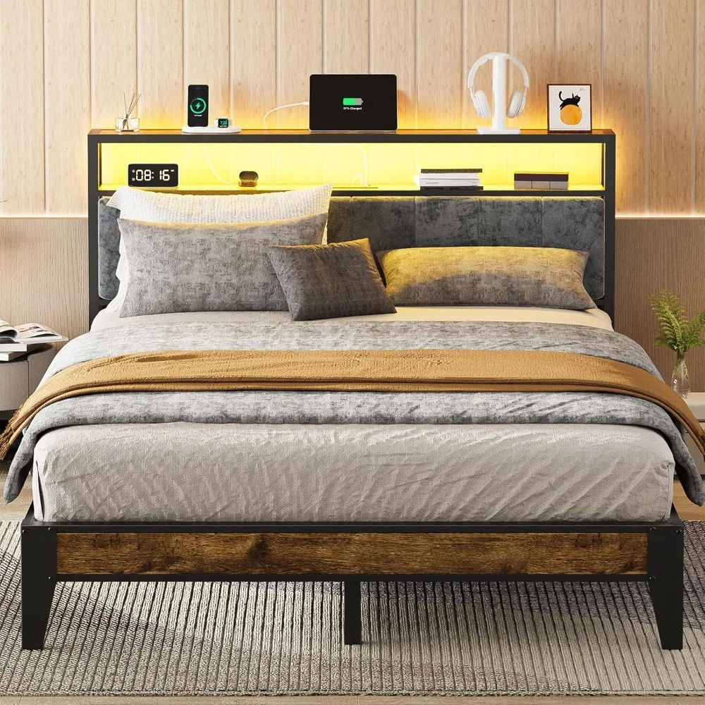 Bed Frame Metal Platform Bed with 2-Tier Storage & LED Light Headboard, Charging Station Type C, No Box Spring Needed