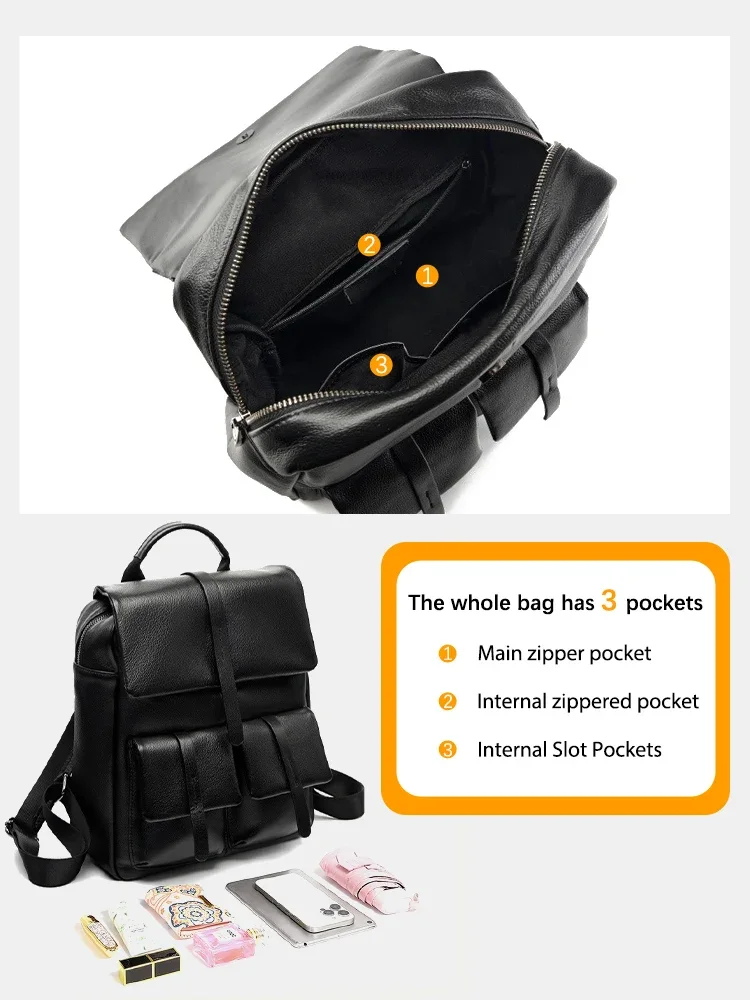 Zency Soft Women's Genuine Leather Multi-functional Travel Backpack Large Capacity Shoulder Classic Black Back Knapsack Bag