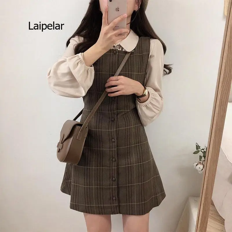 

Cute Mini New Year Date Dresses Sleeveless Vest Women Korea Japanese Style Design Retro Vintage Plaid Button Shirt Dress