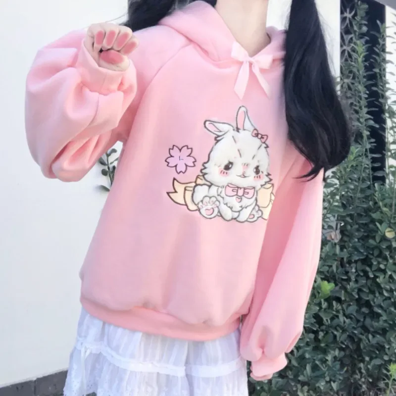 2025 가을 여성 레이스 넥 귀여운 후드티 하라주쿠 카와이 스웨트셔츠 로리타 소녀 핑크 풀오버 양털과 캔디 자수 스웨트셔츠