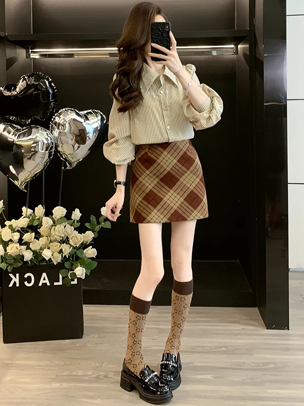 Fashionable Checks And Stripes Long Sleeve Shirt And Short Skirt Two-piece Set for Women 18-25 Years Old Online Exclusive