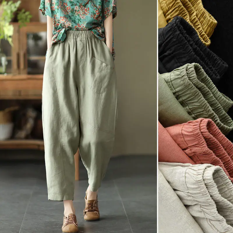 

Women Cotton Linen Capri Pants Casual Classic Trousers Vintage Pocket Spliced Elastic Waist Ankle Length Loose Harem Pant Pants