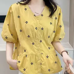 Korean Printed Casual V-Neck Shirt Sweet Waist Summer Commute Loose Female Clothing Short Sleeve Fashion Single-breasted Blouse