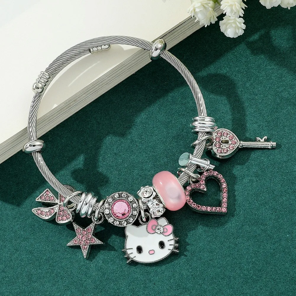 2pcs/set fashionable and exquisite cartoon cute pink hello Kitty trendy inlaid rhinestone jewelry set, suitable for daily wear,