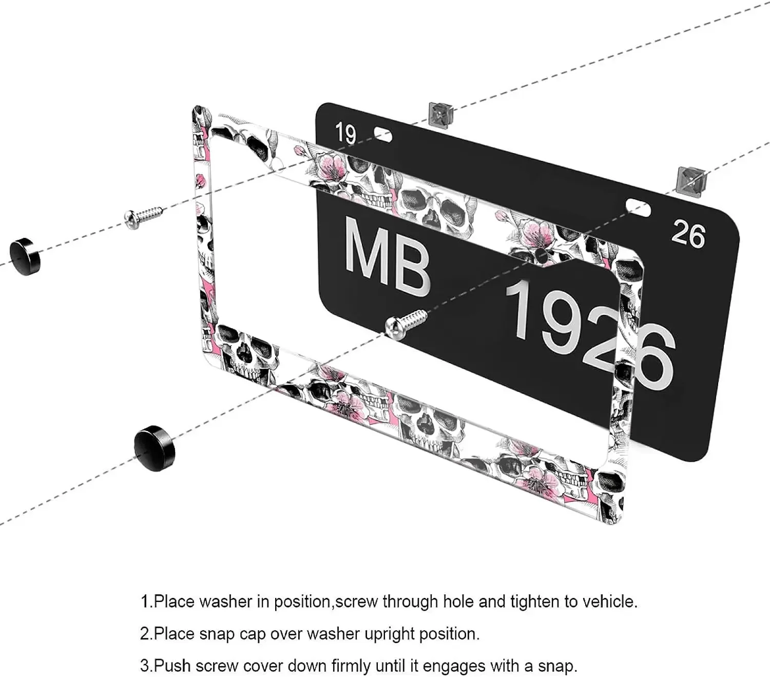 Quadro da placa de licença do crânio acessórios do carro suporte da placa de licença inoxidável flor molduras decorativas titular com 2 furos e parafusos