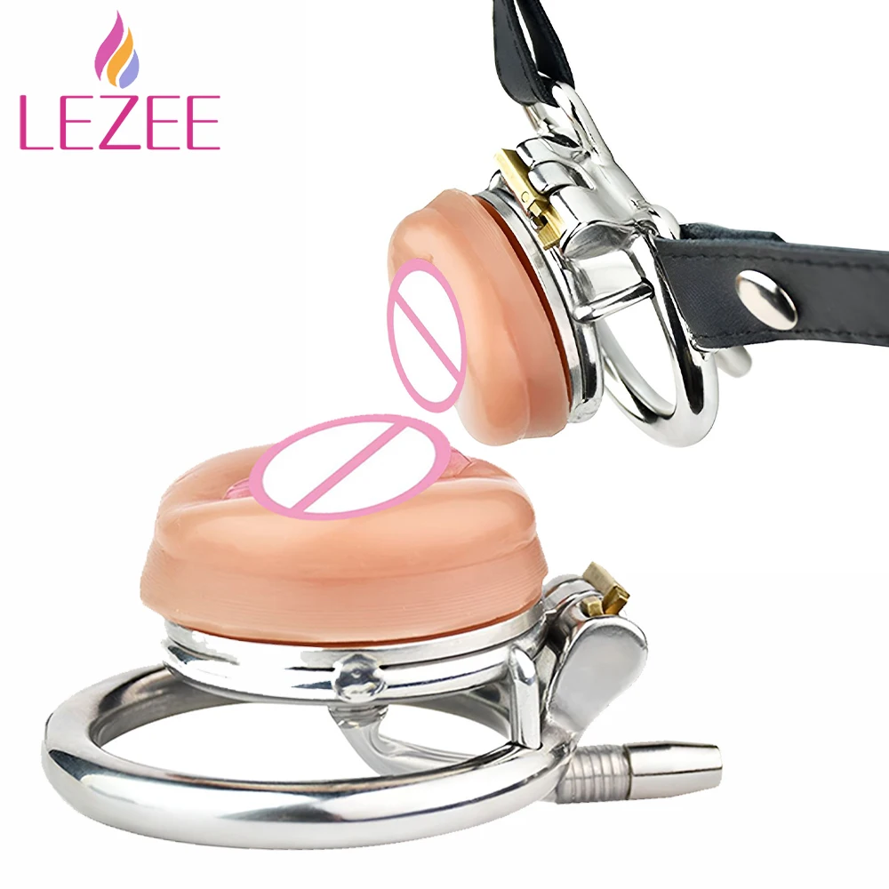 

LEZEE Inverted Urethral Chastity Cage With Realistic Clitoris Male Metal Penis Rings Cock Lock Device Intimate Sex Products Toys