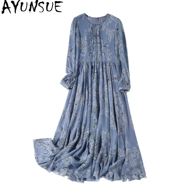 

AYUNSUE 100% Mulberry Silk Dresses for Woman Long Dresses Elegant Long Sleeve Dress 2026 Spring Luxury Woman Clothing Robe Femme