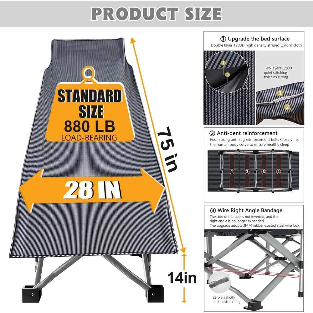 ชุดเตียงพับสำหรับตั้งแคมป์สำหรับผู้ใหญ่ พร้อมแผ่นรองนอน เตียงกลางแจ้งแบบแข็งแรง ทนทาน ผ้า Oxford 1200D พกพาสะดวกสำหรับการเดินทางและตั้งแคมป์