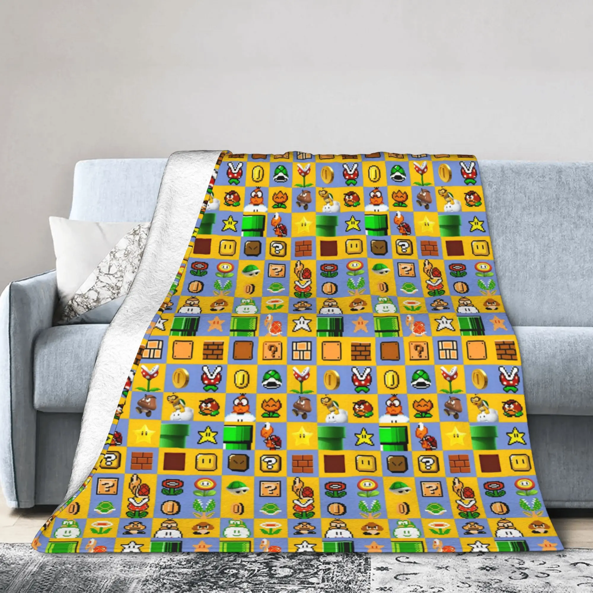 M-M-ar-ios  Game Cartoon Flannel Blankets  Funny Throw Blanket for Home Hotel Sofa  125*100cm Plush Thin Quilt