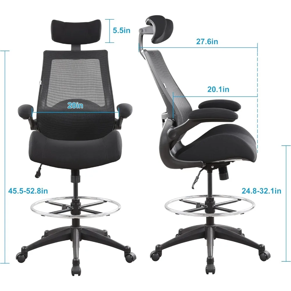 Silla de escritorio de dibujo de oficina ergonómica con respaldo alto de 400 libras reposacabezas ajustable, con brazos abatibles, soporte lumbar giratorio