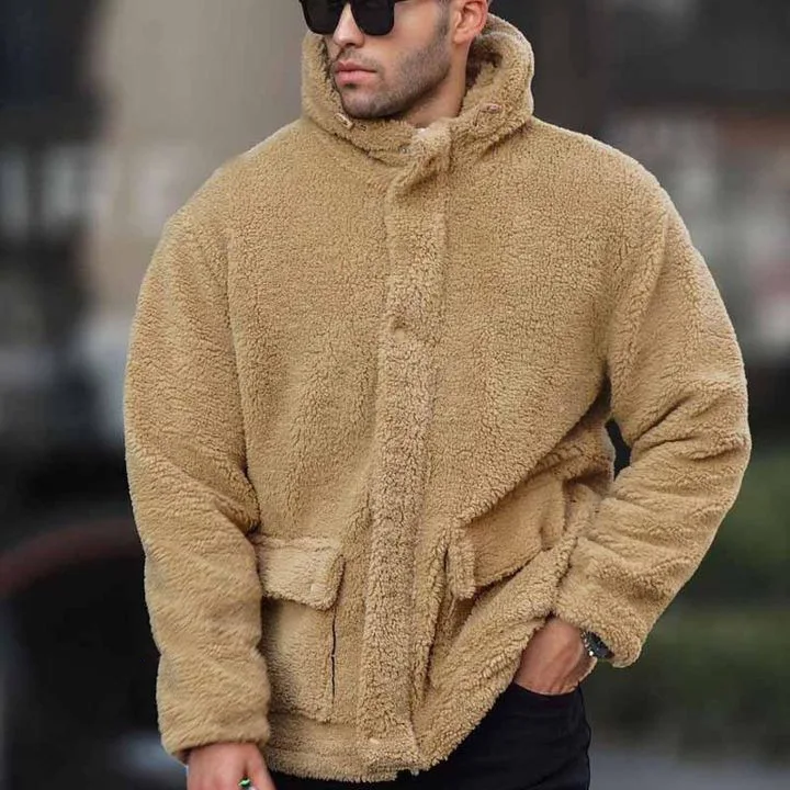 

European American New Fashion Autumn Winter Men's Solid Color Polar Fleece Casual Trendy Loose Hooded Jackets Male Clothes Coats