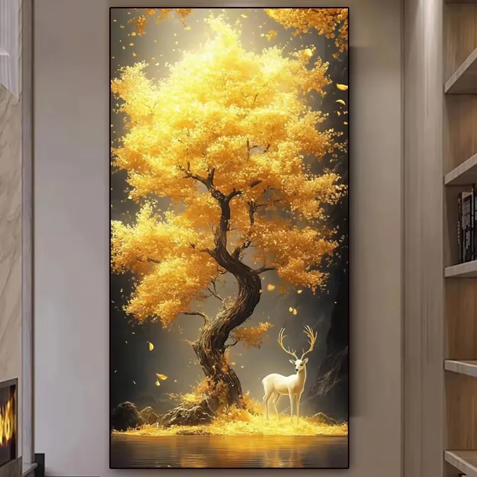 

5d Diamond Paiinting Golden Tree Deer Landscape Mosaic Handmade Pictures Rhinestones Diamond Embroidery Sale Fantasy Home Decor