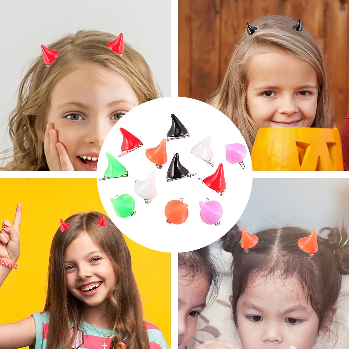 Halloween Devil Horn Hair Clips Set Assorted Colors Small Costume Hair Accessories for Parties
