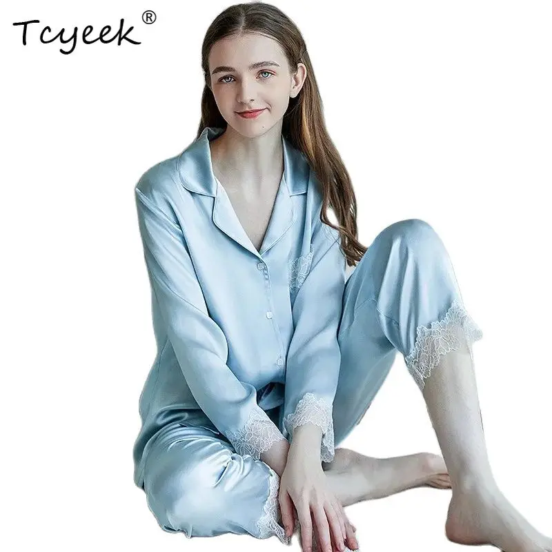 

Tcyeek, 100%Real Silk Lace Pajama Set, Women Long Sleeve Pants, Solid Casual Retro French Homewear, 2024 Summer Fall S45069QC