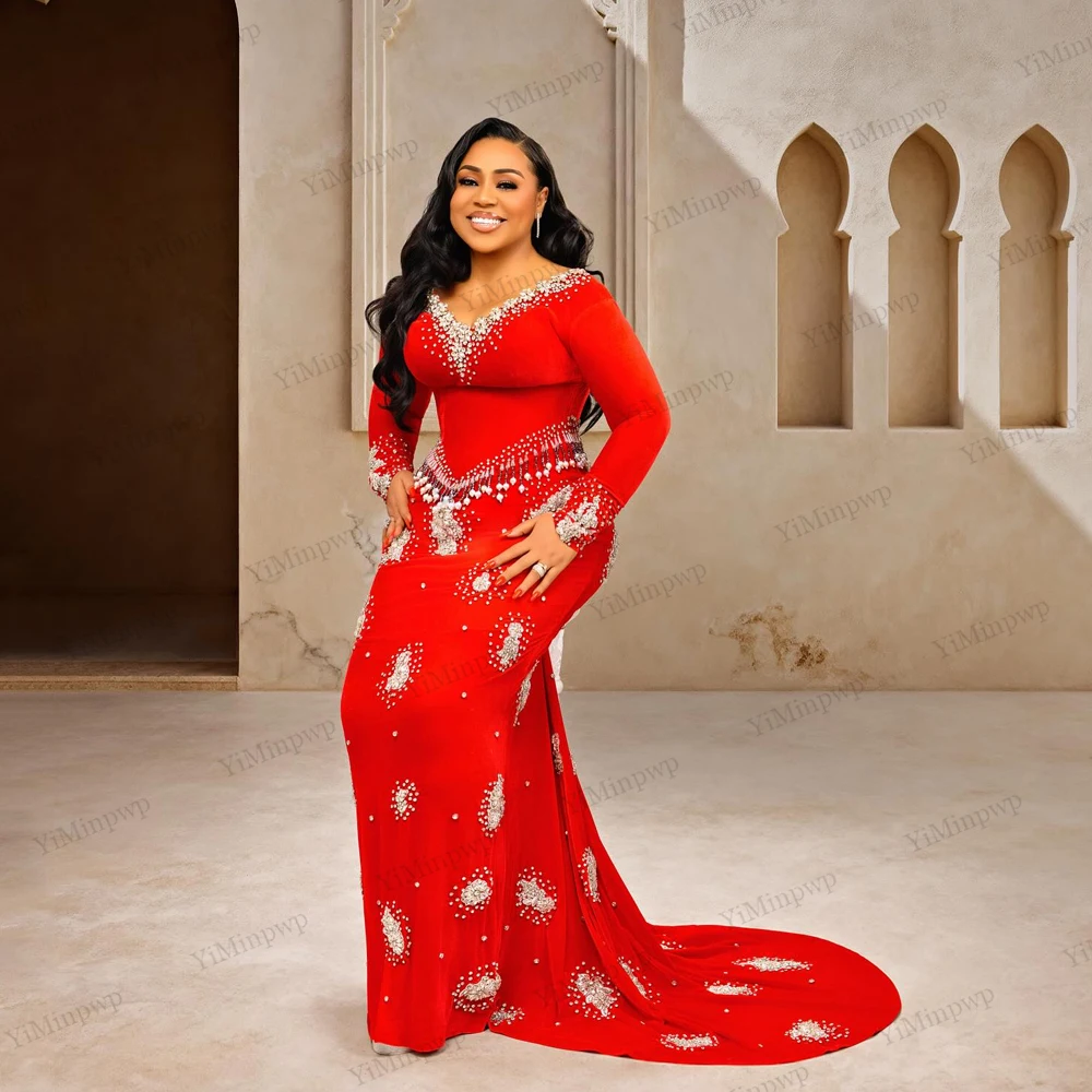 

Red Evening Dresses Diamantes Long Luxury 2025 Mermaid V-Neck Rhinestones Sexy African Formal Party Prom Gala Gowns Customzied