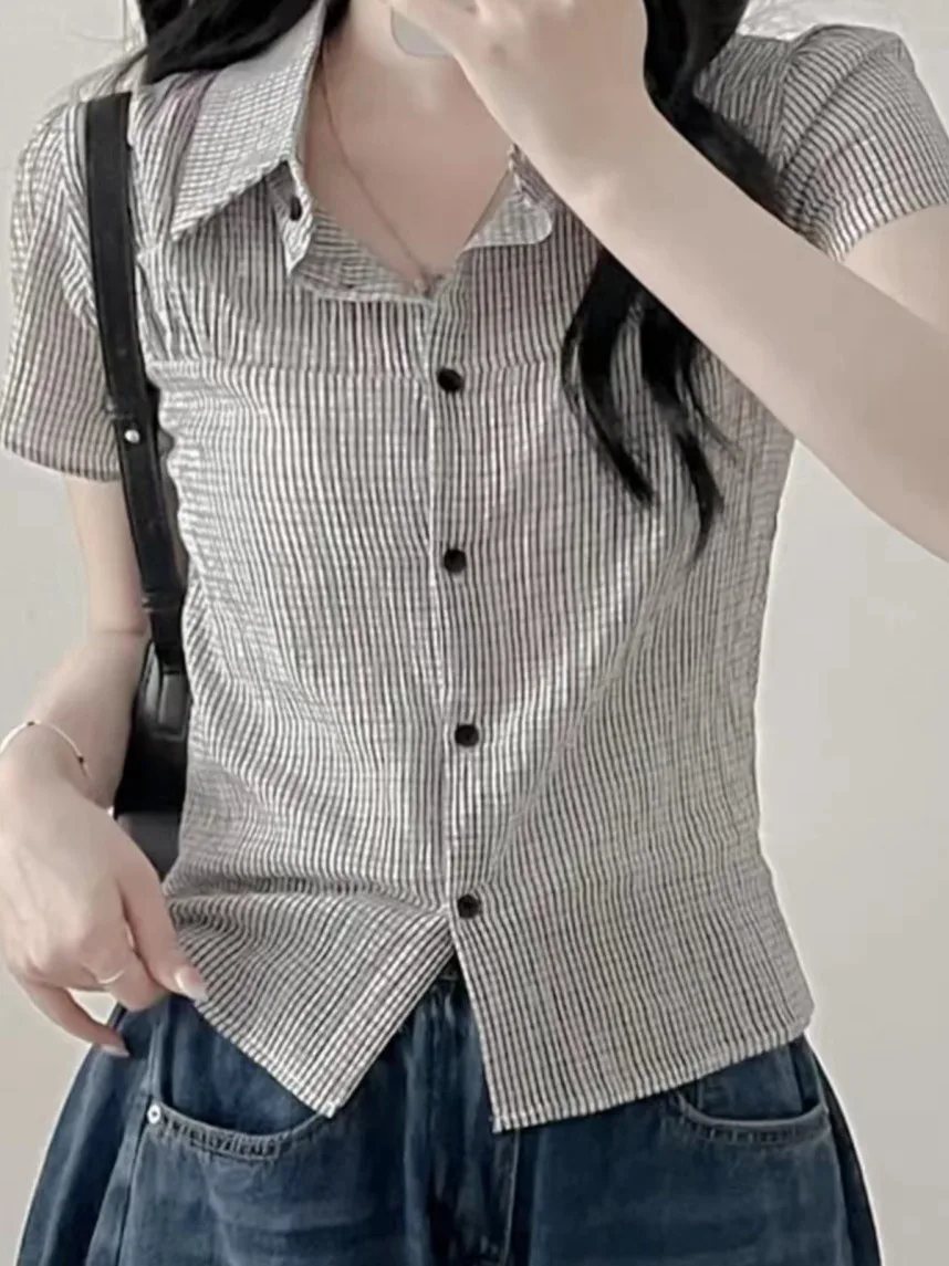 سترة نسائية كورية Sle عتيقة منقوشة بقصة ضيقة وزر واحد مفتوح سترة Faionable ort Sve irt صيف 2025 #3