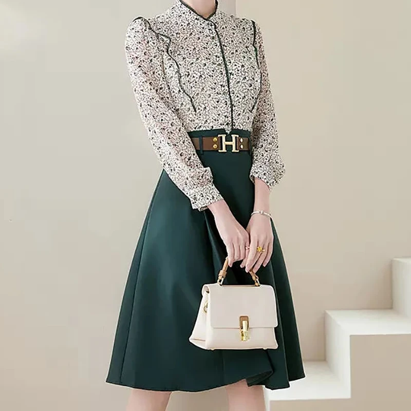 EVNISI Elegant Women Floral Printing Chiffon Blouse A-line Skirt Set Long Sleeved Shirt+High Waist Skirt With Belt Two-Piece Set