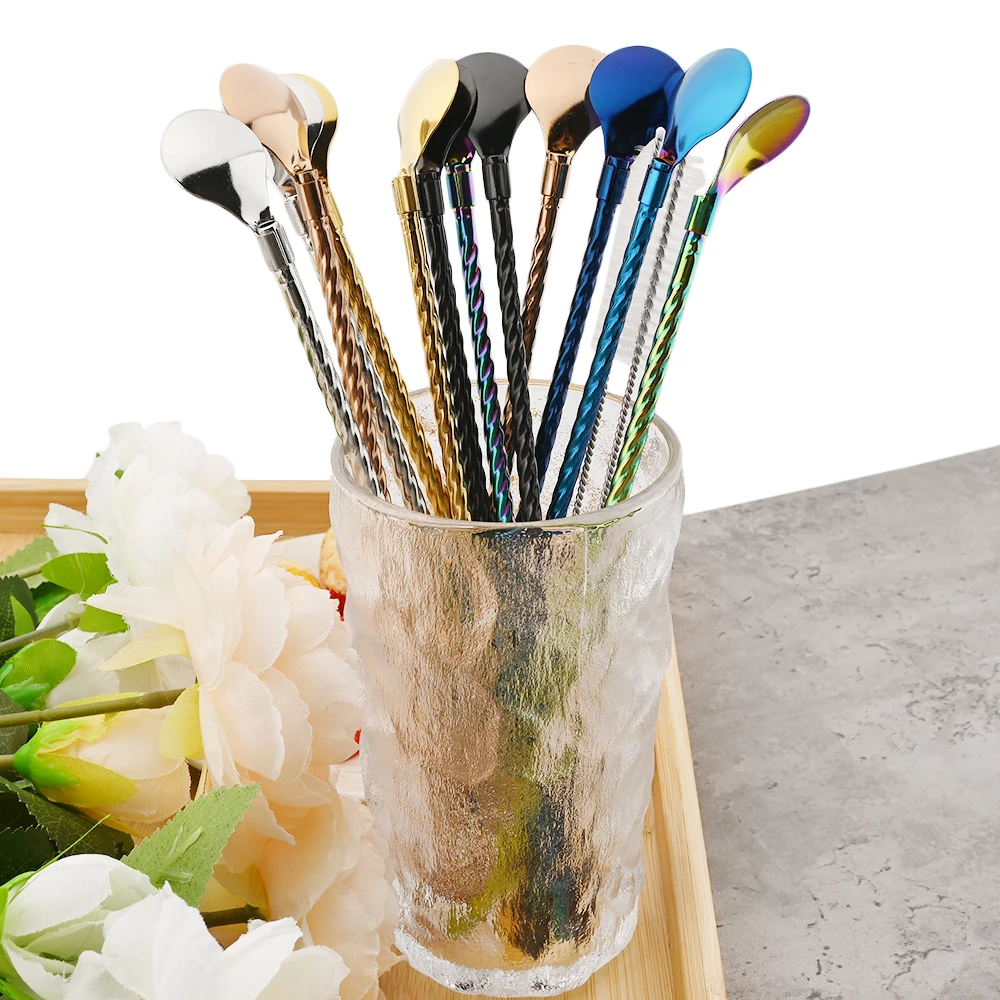 4/8Pcs 304 Stainless Steel Straw Spoon Set Reusable Metal Straw with Brush Mixing Stirring Straw for Smoothie Drinking Accessory