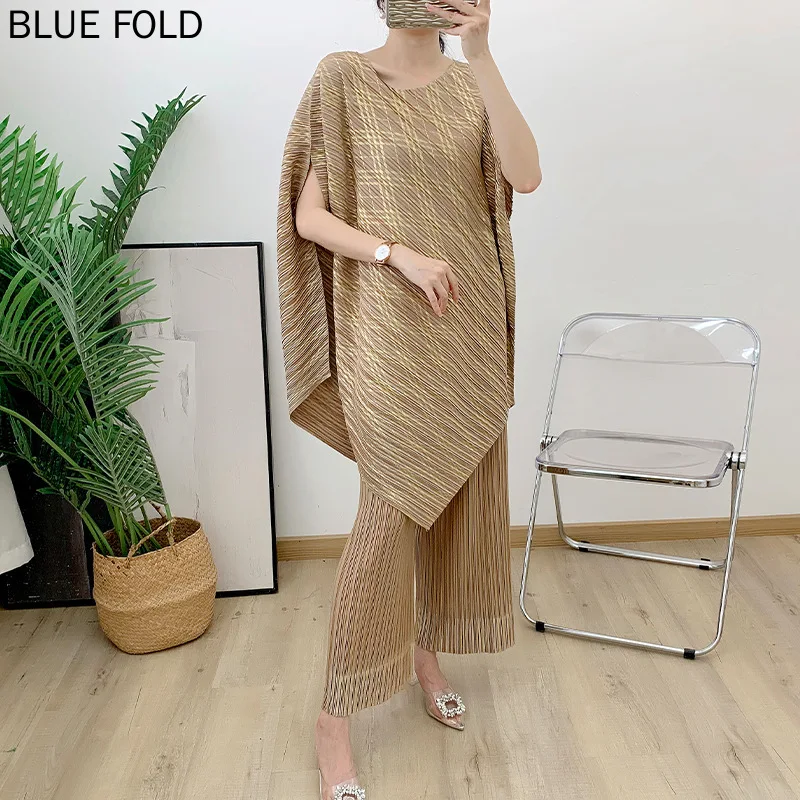 Miyake-Women's Pleated Suit, Female Bronzing Temperament Loose, New Chinese Style, Zen Style, PLEATS Trousers Set, Autumn