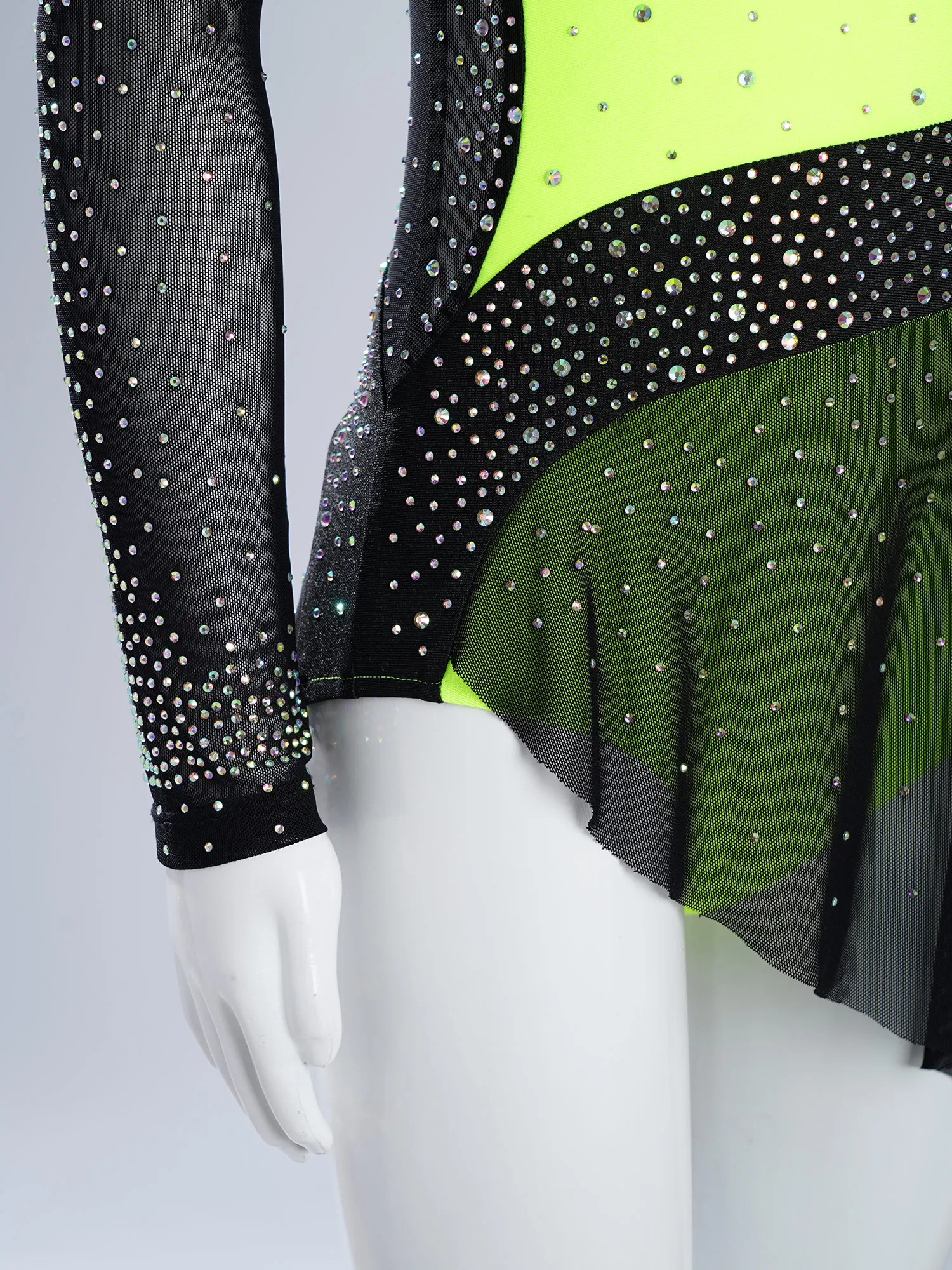 

Kids Girls Ballet Latin Dance Costume Sparkling Rhinestones Patchwork Sheer Mesh Long Sleeve Ballet Gymnastics Leotard Dress