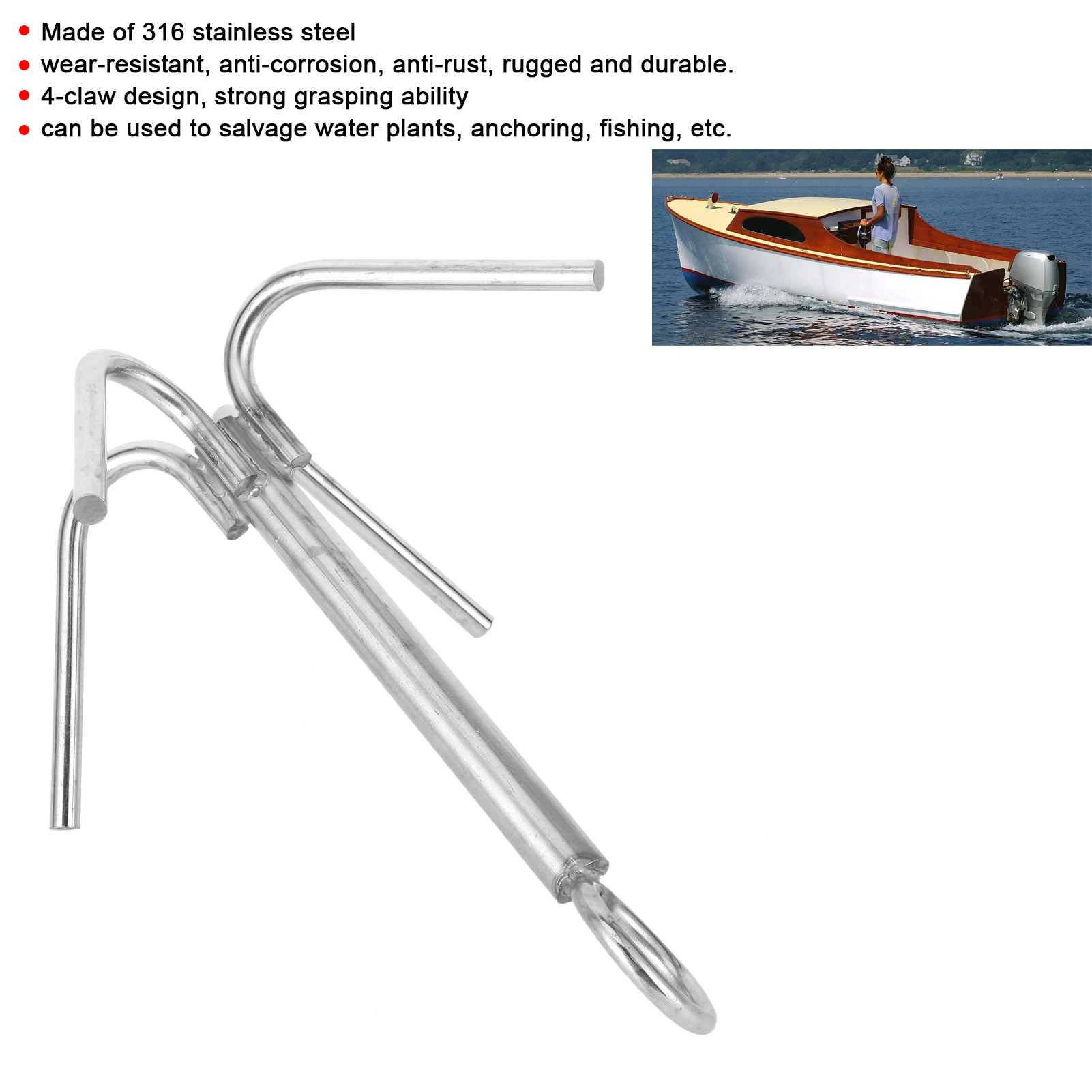 4 Claw Anchor 316 Stainless Steel Anti‑Rust Grappling Hook Marine Boat Yacht Hardware