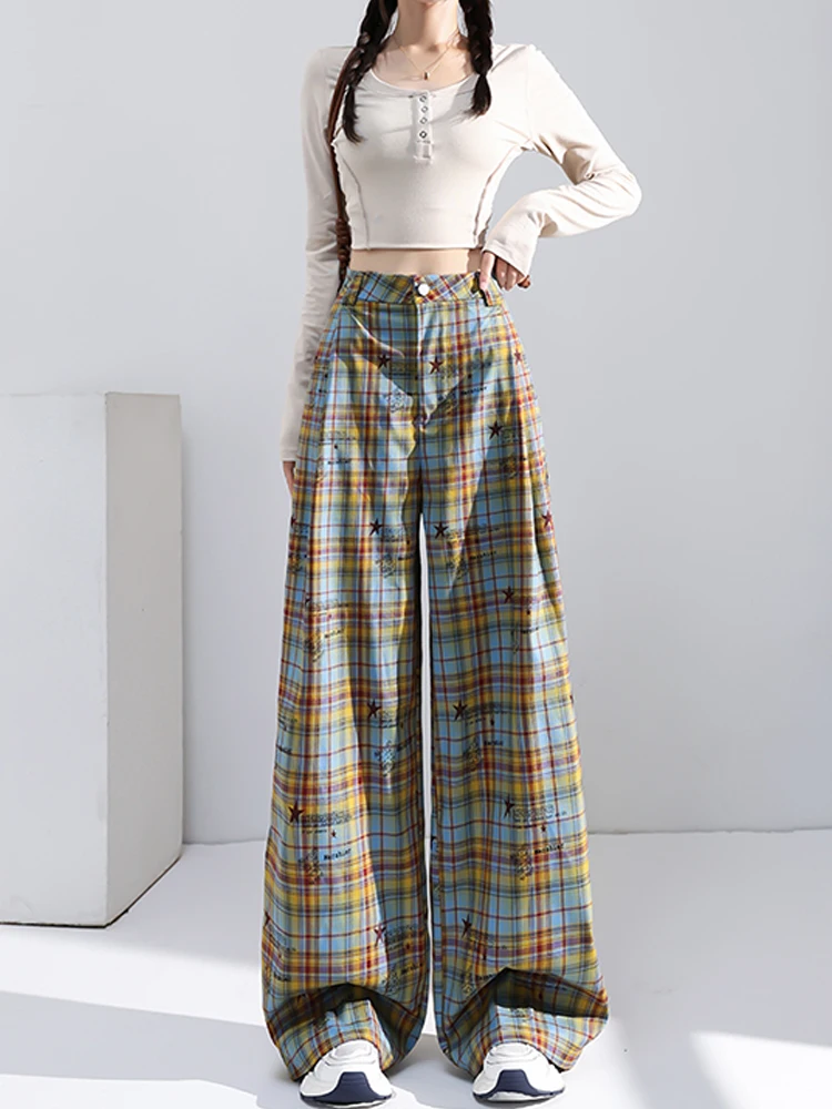Retro Plaid Patchwork Casual Pants Women Summer High Waist No Pendant Loose Wide Leg Pants Y2K Korean All Match Jogging Trousers