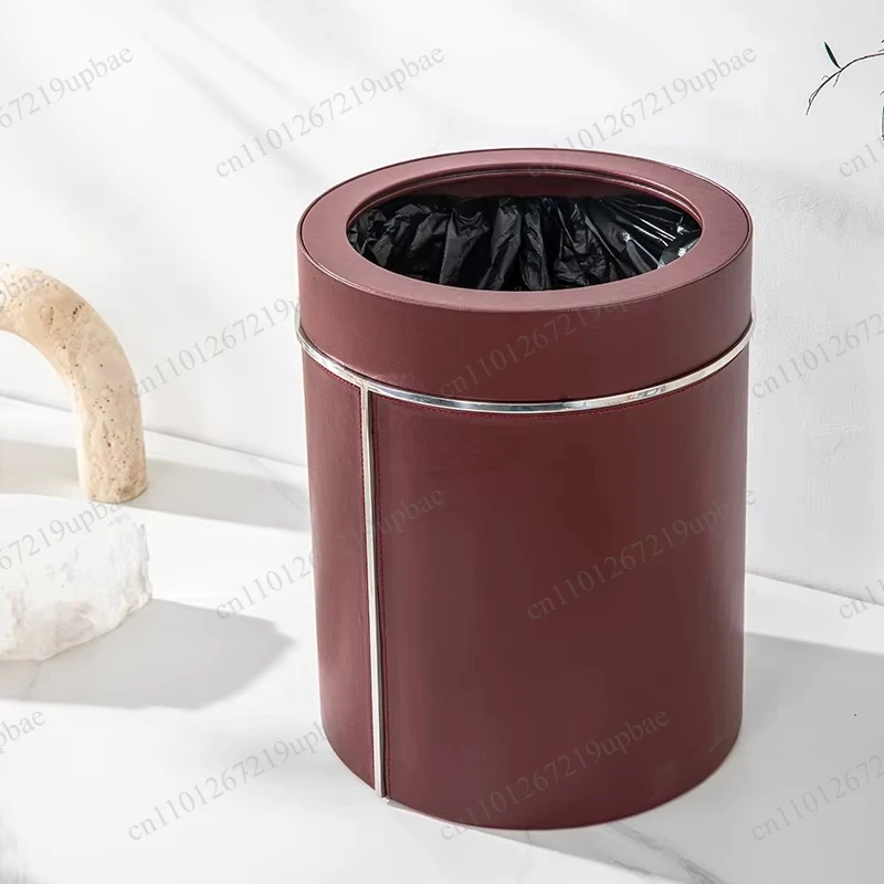 Luxury Stainless Steel Trash Can with Leather Decor, Large Capacity Waste Bin, Elegant Garbage Container for Home Office