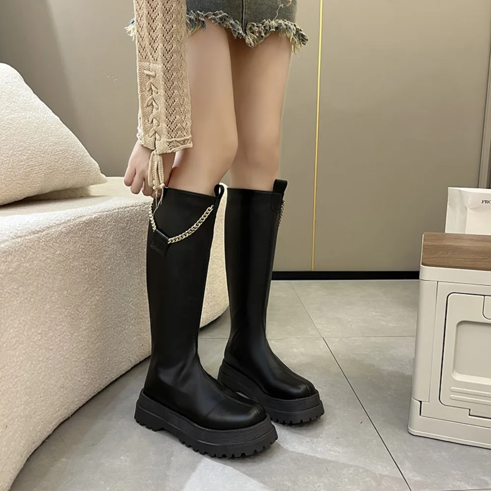 

Fashionable Women's New Slimming Thick Bottom High Tube Knight Boots Autumn Trendy Mesh Lining Pu Insole Rubber Upper