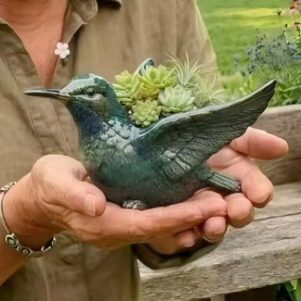 Resin Lively Bird Plant Pot Hummingbirds with Drainage Hole Succulent Pot Wide Opening Wear-resistant