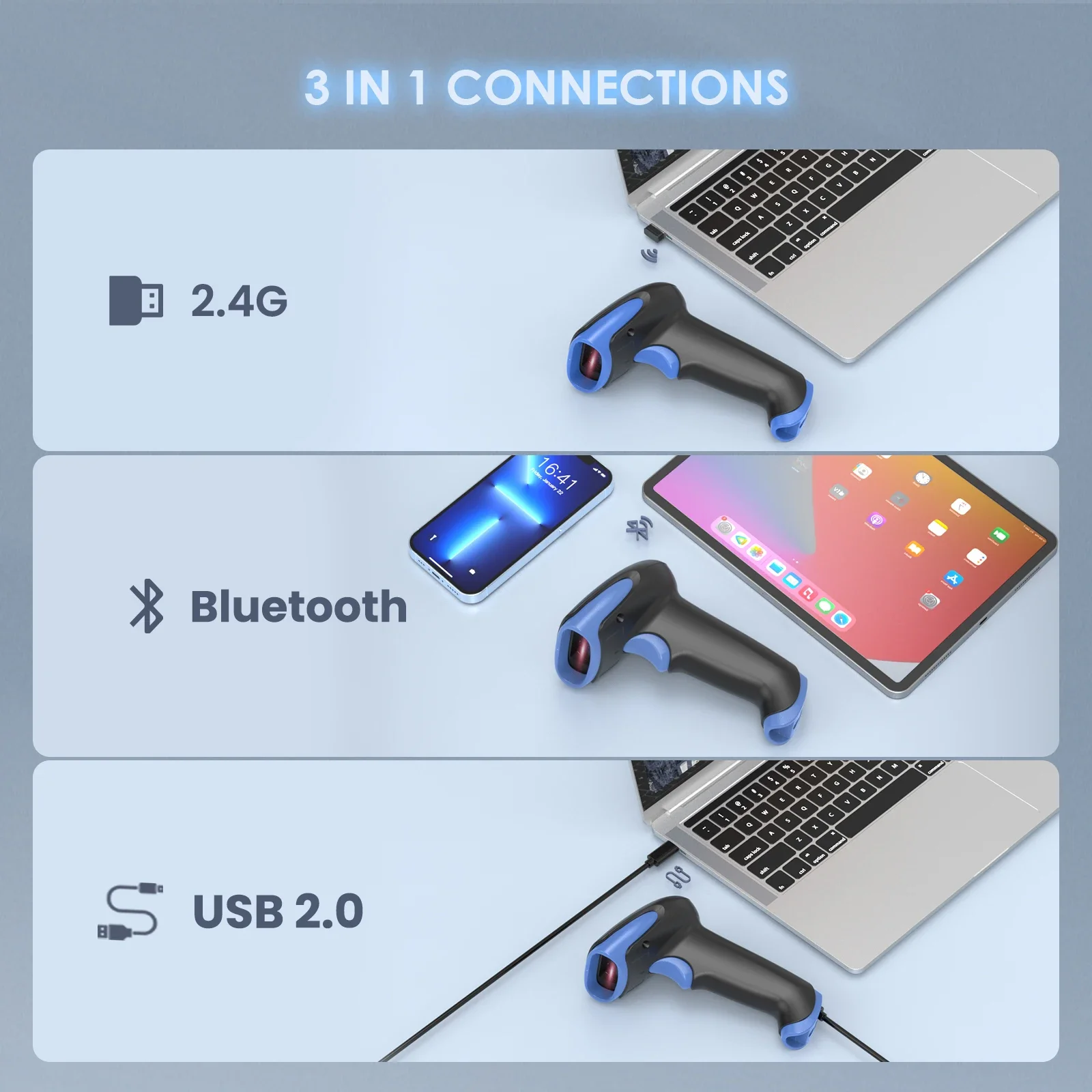 Eyoyo-Lecteur automatique de codes-barres sans fil, OJ, 3 en 1, OJ 034P, Déterminer le lecteur de codes-barres d'image CMOS sans fil