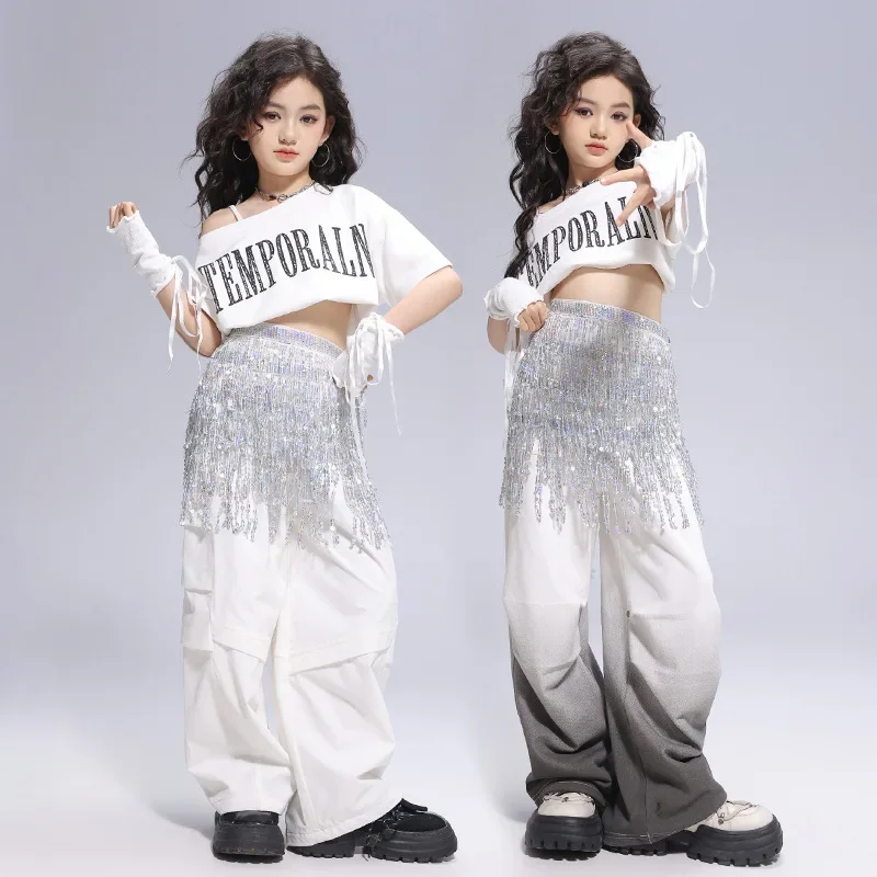 

Jazz Dance Children Costume White Crop Top Gradient Trousers Girl Kpop Stage Clothes Fashion Performance Outfit Streetwear