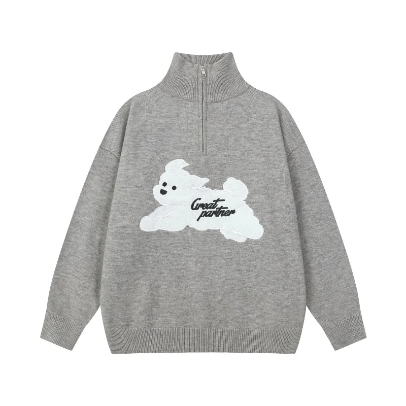 Autumn Winter Half Zipper Pullover Sweaters Men Oversized Hip Hop Streetwear Fashion Cartoon Puppy Warm Knitted Sweater Women