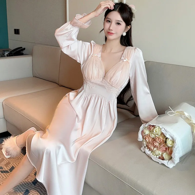 Vintage Nightgown Long Sleeve Nightdress Female Satin Sleepwear  Palace Style Homewear Sexy Lace Loungewear Satin Homedress