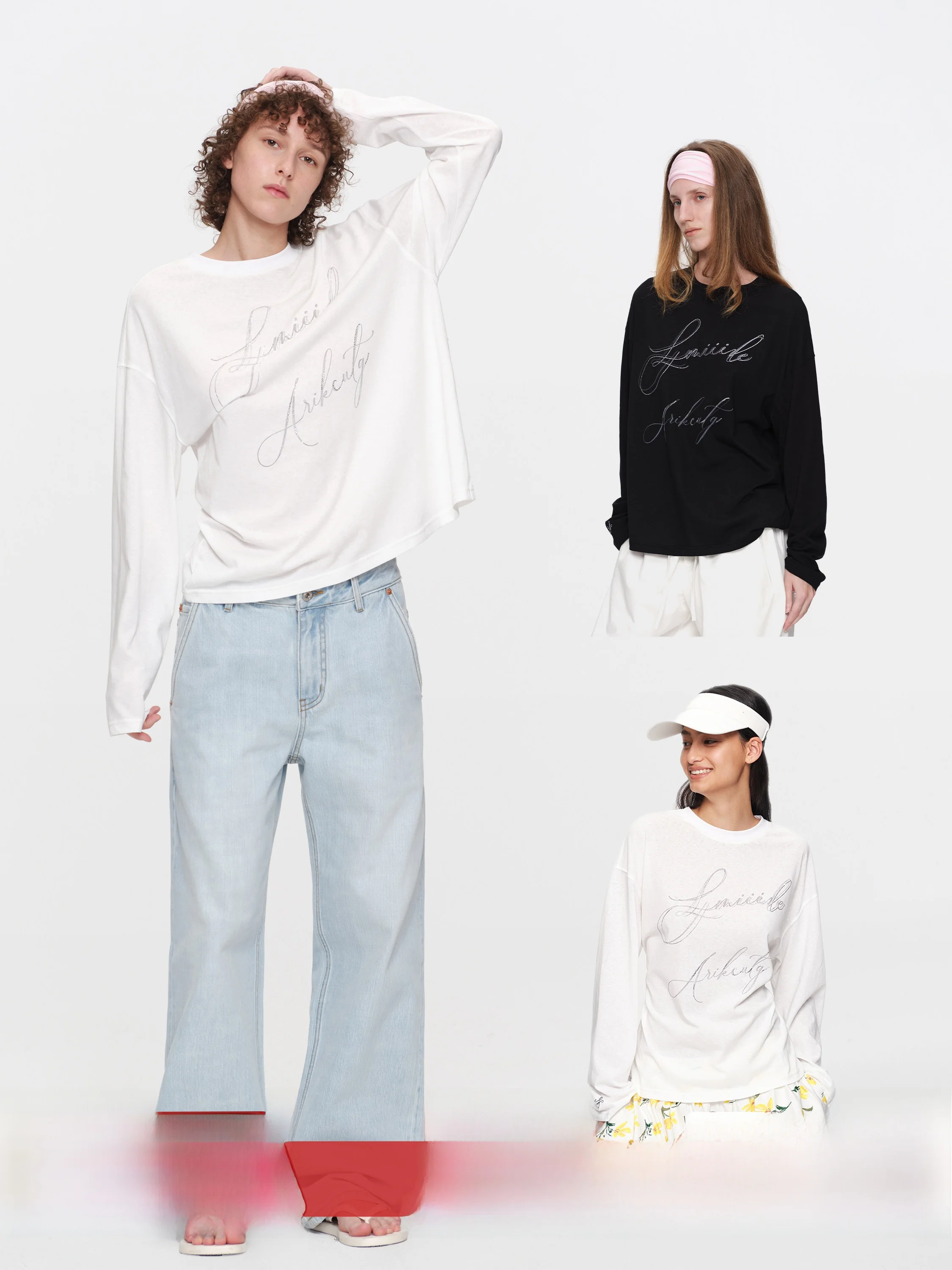 

SMIIILE round Neck T-Shirt Women's Loose Fit Slimming Design Diamond Print Long Sleeve Base Shirt Commute Style Cotton Blend