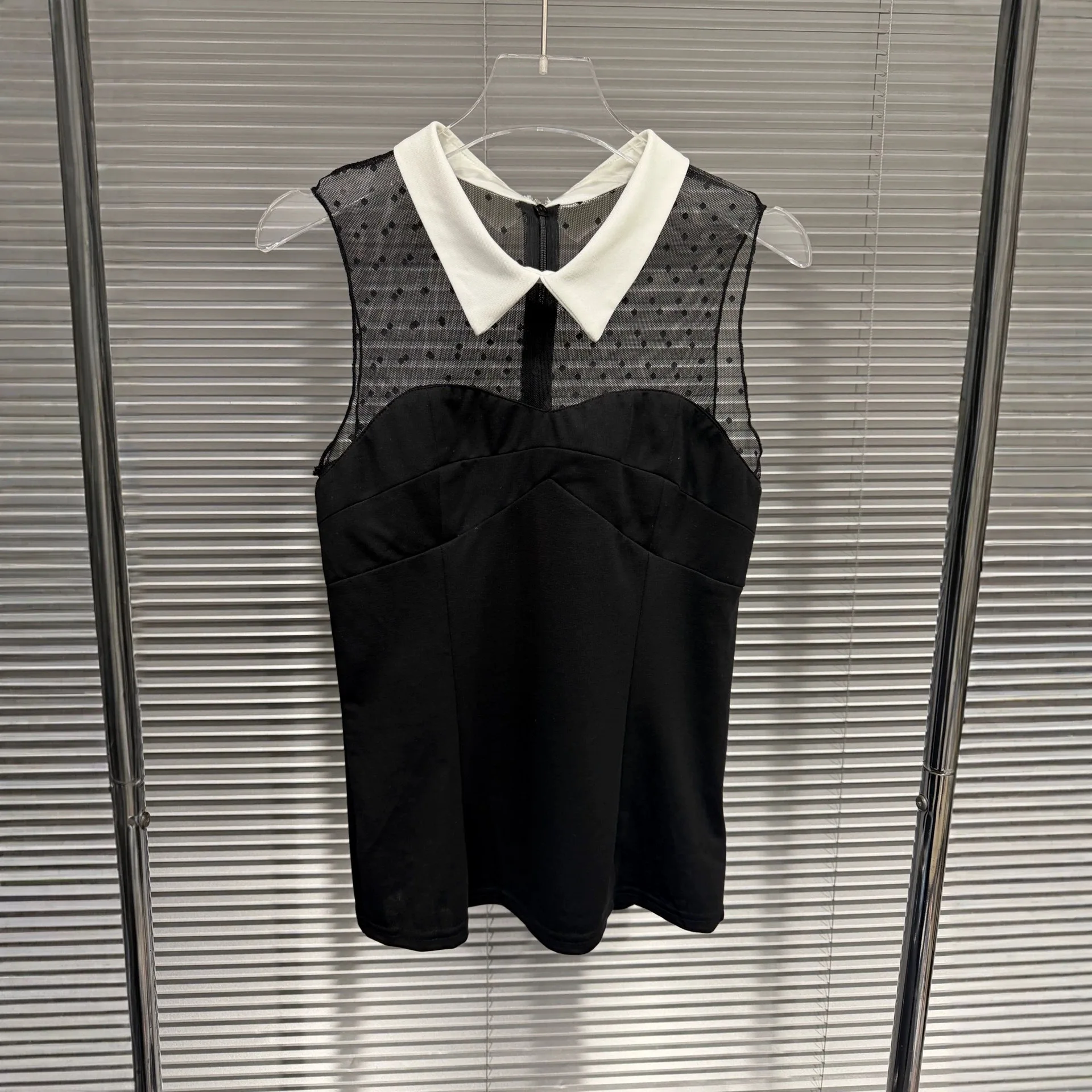 

2026 Summer Fashion Women Sweet Spicy Style Lapel Polka Dot Mesh Patchwork Sleeveless Designer Vest