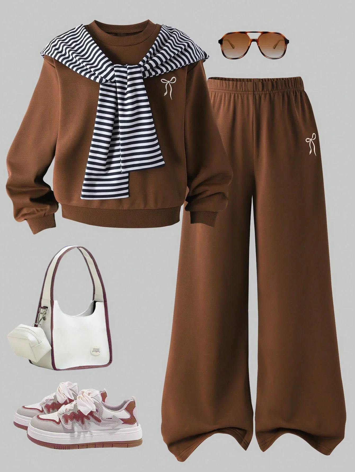 Girls' Casual Spring & Autumn Deep Auburn Bow Embellished Top + Same Color Trousers Two-Piece Set with Shawl