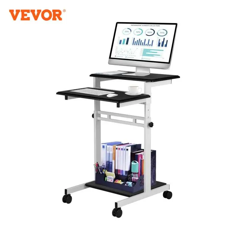 VEVOR Scrivania Mobile a 3 Ripiani Regolabili da 87-119 cm, Tavolo per Laptop con Ruote in Acciaio e MDF, Uso Come Podio in Classe, Tavolo per Computer, Supporto per Proiettore, Carrello di Servizio