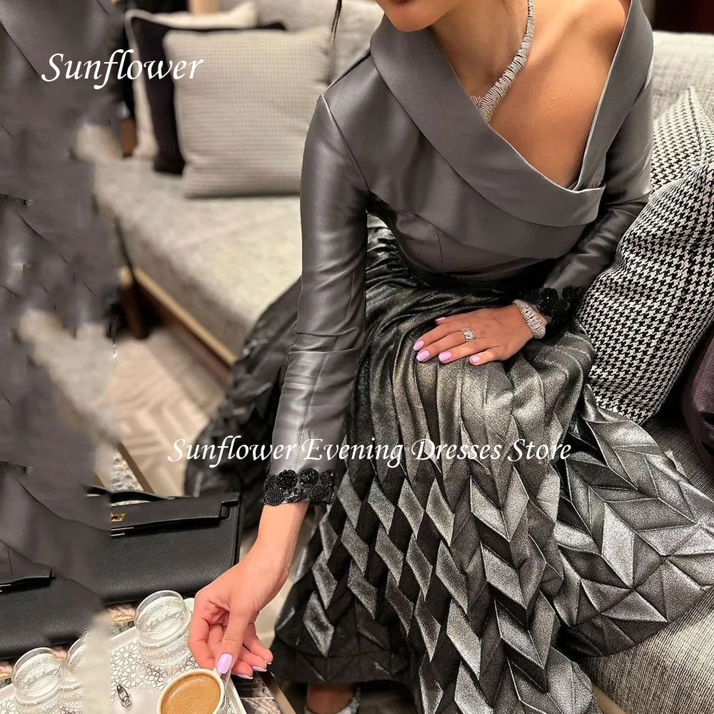 Sunflower V-Neck Prom Gown Pleat A-LINE Evening Dress Slim Satin Party Dress 2023 Long Sleeve Floor-Length Prom Dress