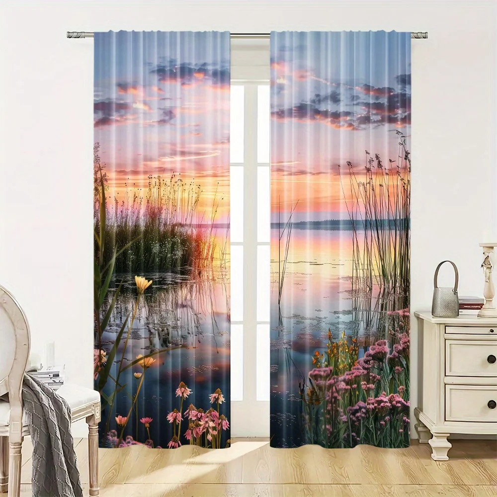 Aesthetic Sunset Nature Curtains Pair for Window Decor Room Drapes Coastal Wetland Floral View Home Window Treatment