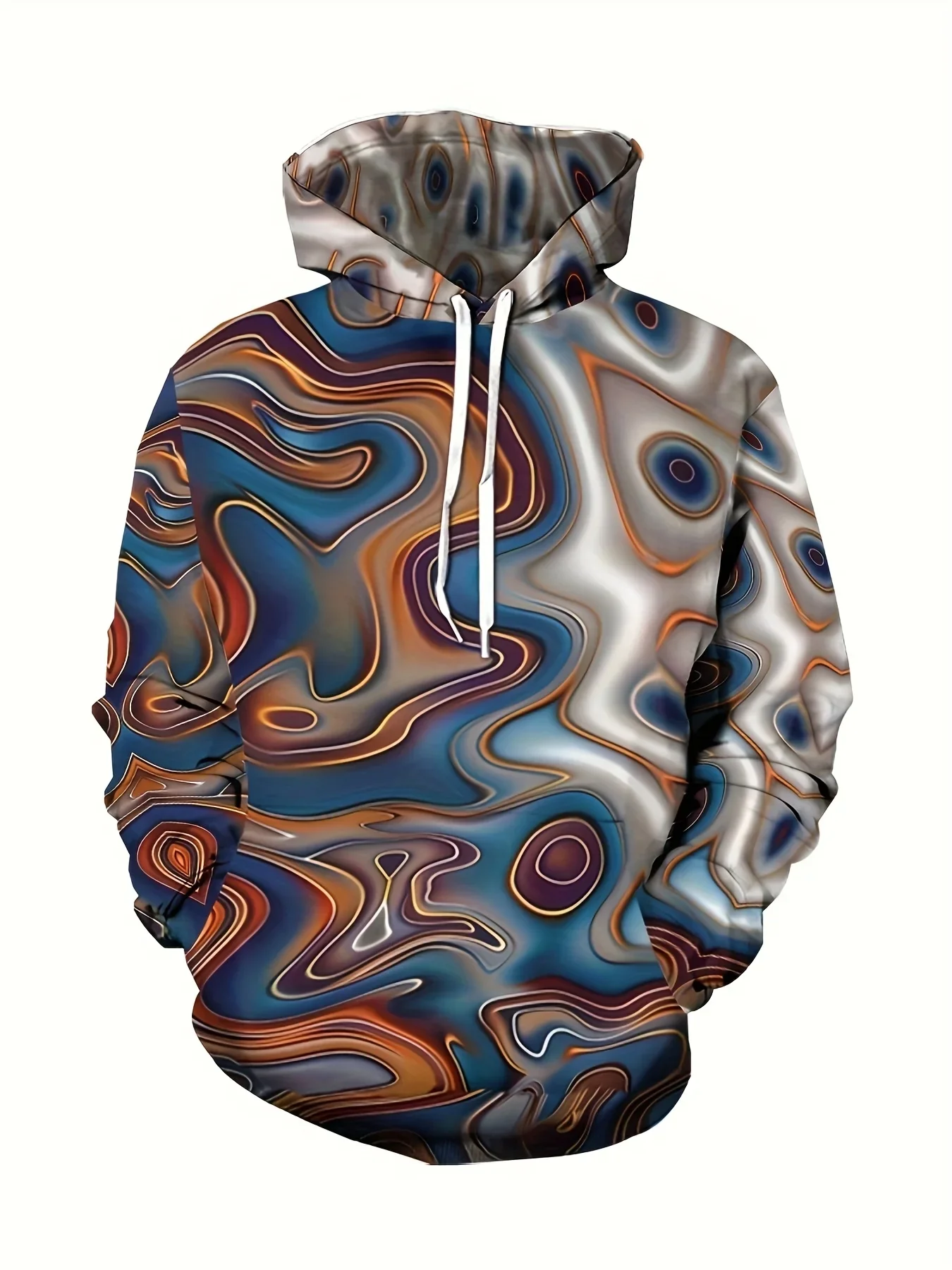 Men Retro Liquid Marble Swirl Abstract 3D All Over Print Hoodie Drawstring Pocket Long Sleeve Casual Pullover Sweatshirt