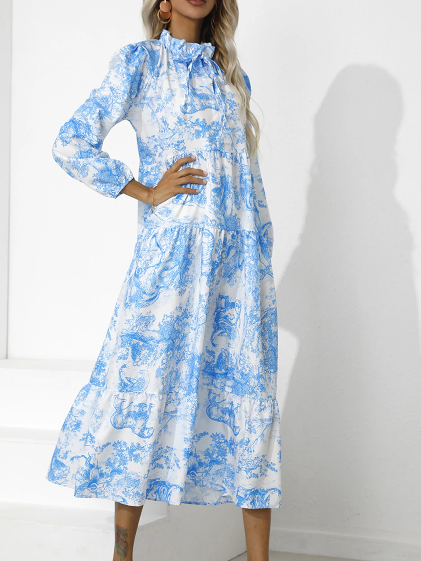 Elegantes Damen-Midikleid mit Batikmuster, Schnürung, lange Puffärmel, Stehkragen, A-Linie, Midikleid, Herbst-Urlaubskleid