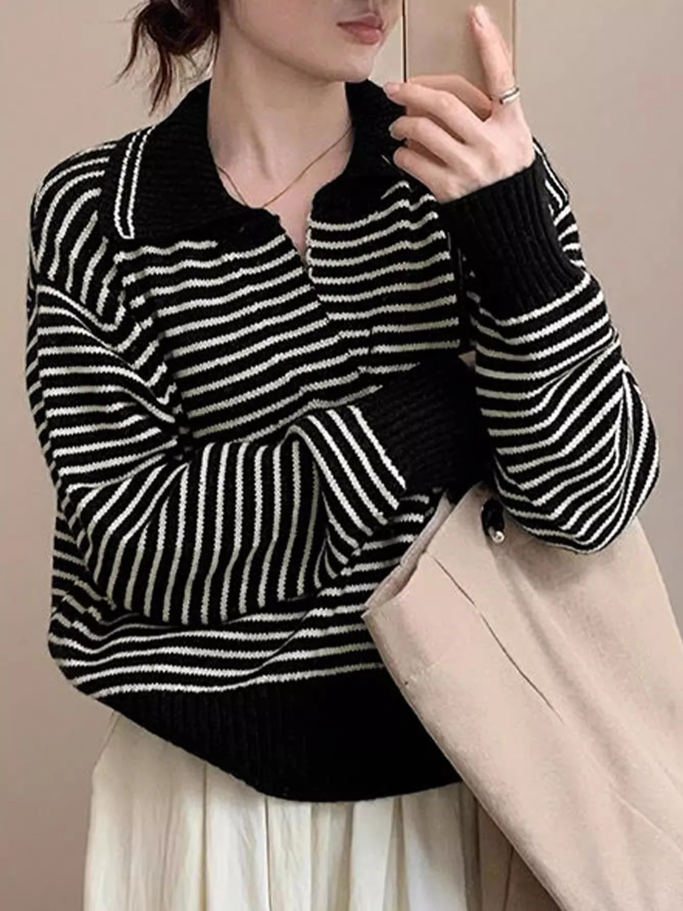 

Шикарный трикотаж, женский винтажный полосатый свитер для колледжа Dongda Gate, осенняя коллекция, теплый, удобный, свободный крой