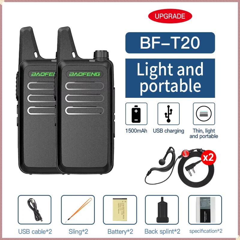 Baofeng 2 Stück BF-T20D Walkie-Talkie Tragbares Zweiwege-Funkgerät USB-Aufladung VOX UHF Geräuschunterdrückung Drahtlose Frequenzkopie Verschlüsselte Anrufe Typ-C-Ladung Amateurfunkgerät