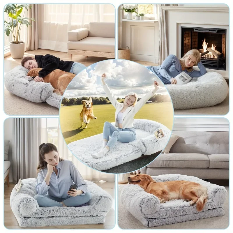 Round Dog Bed Plush Pet Bed Winter Thickened Pad Sleeping Bed Sofa Removable Pad Small Large Kennel for Large Dogs and People