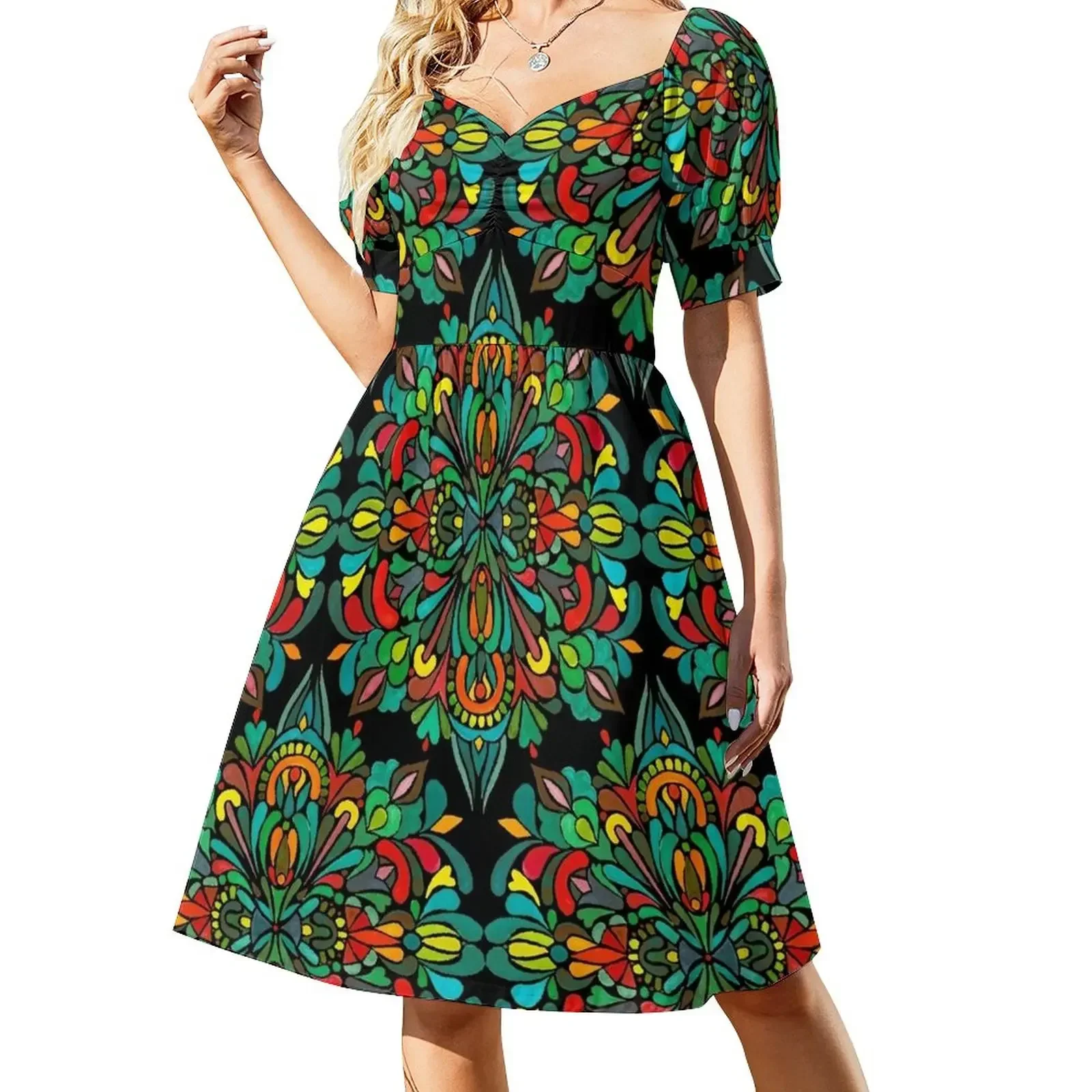

Green red orange pattern Short-Sleeved Dress women long dresses Woman dresses Dress